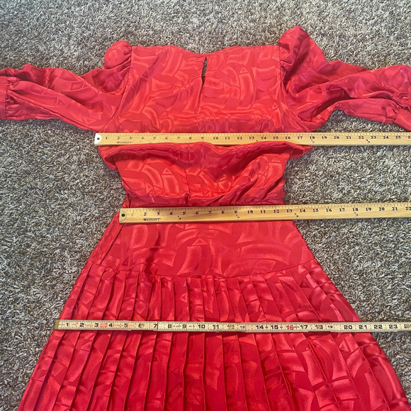 Vintage Midi Dress Size 6 Red Satin Pleated Blouson Puff Sleeve Retro 80s 90s - Picture 13 of 16